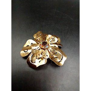Vintage Flower Brooch, Gold tone, cut through design & multicolor rhinestones D4